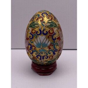 Very Rare Chinese Gold Cloisonne Egg with Wood Stand Enamel  Vintage
